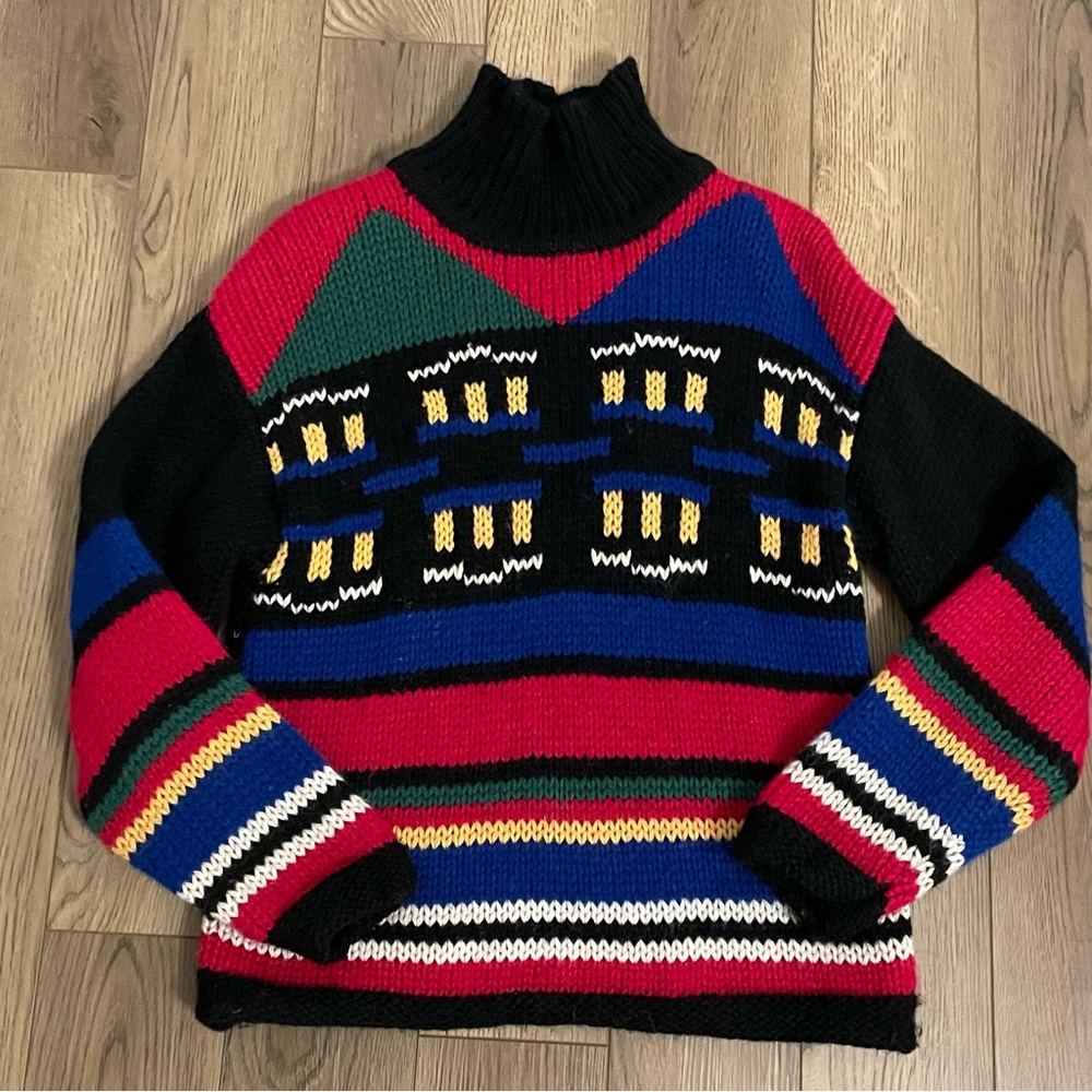 Vintage Esprit Wool Sweater Multi Color Cowl Neck Womens Medium Korea‎